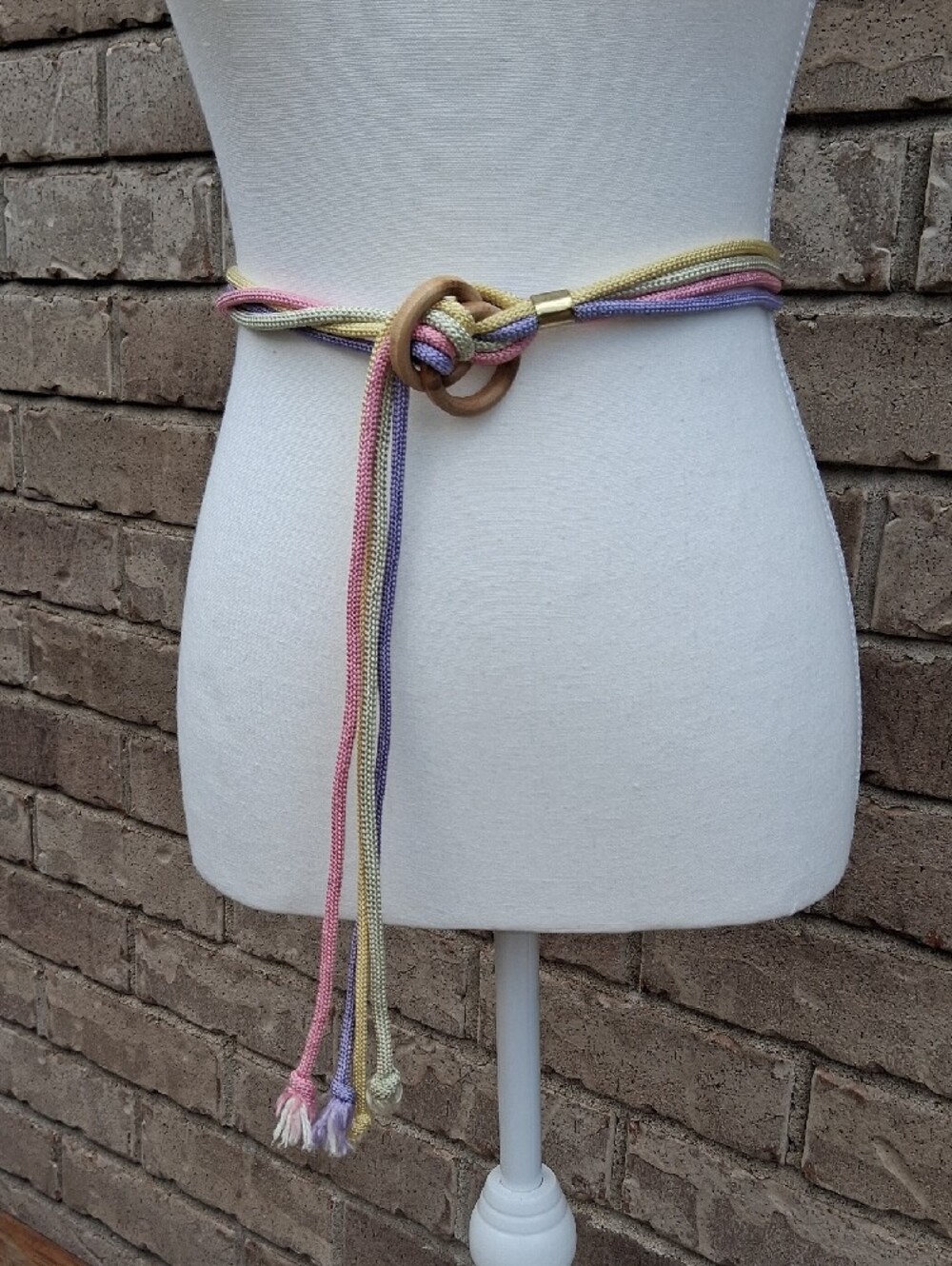 Vintage 80s Pastel Multistrand Rope Waist Belt with Wooden Ring
